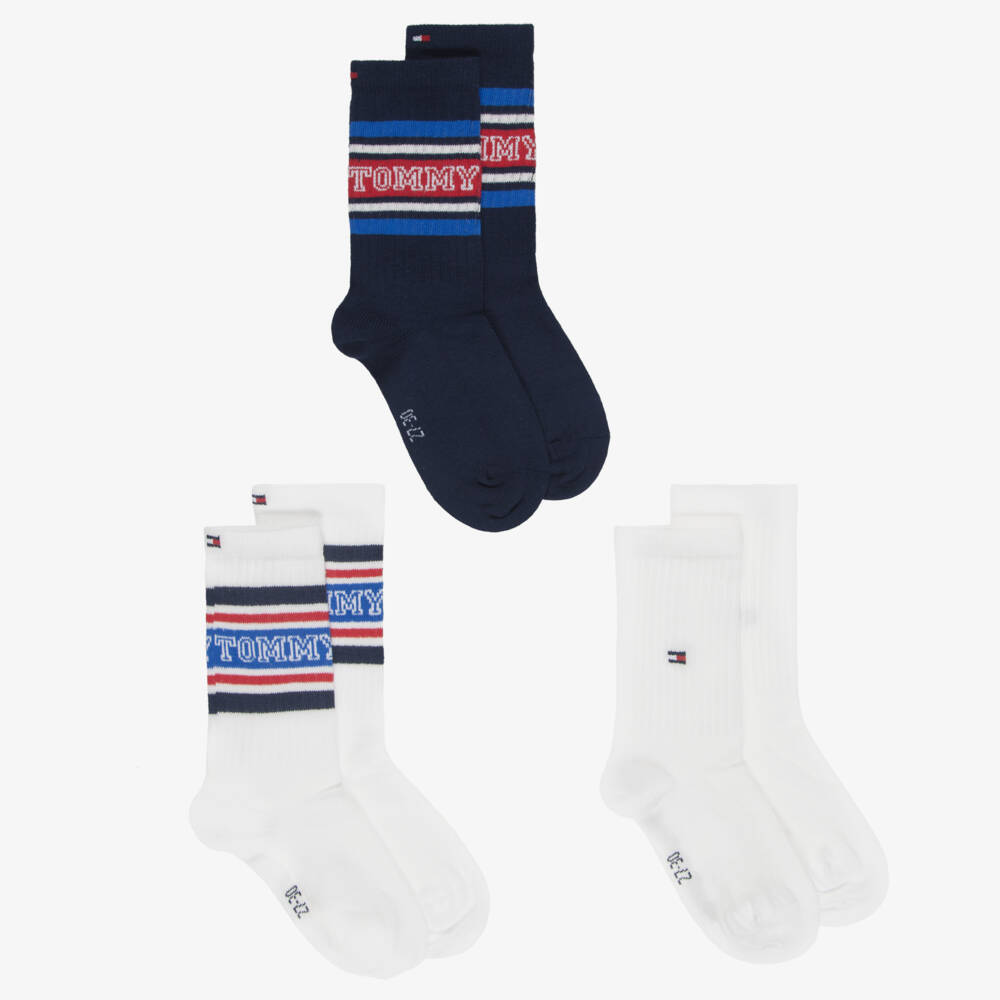 Tommy Hilfiger-Boys White & Navy Blue Socks (3 Pack) | Childrensalon