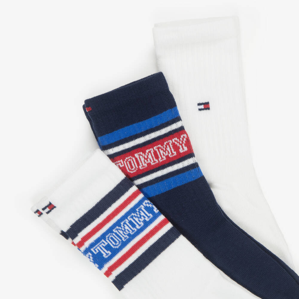 Tommy Hilfiger-Boys White & Navy Blue Socks (3 Pack) | Childrensalon