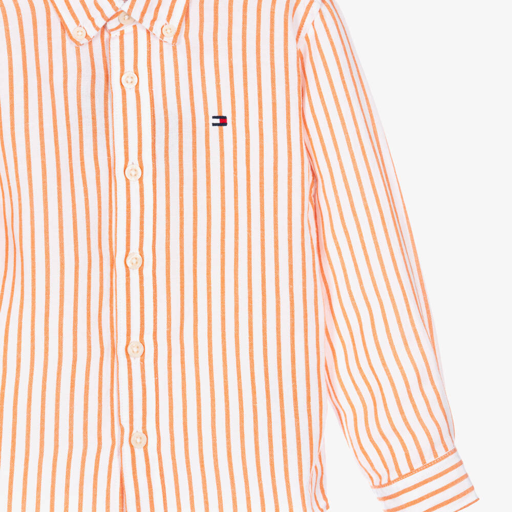 Tommy Hilfiger-Boys White & Orange Striped Long Sleeve Shirt | Childrensalon