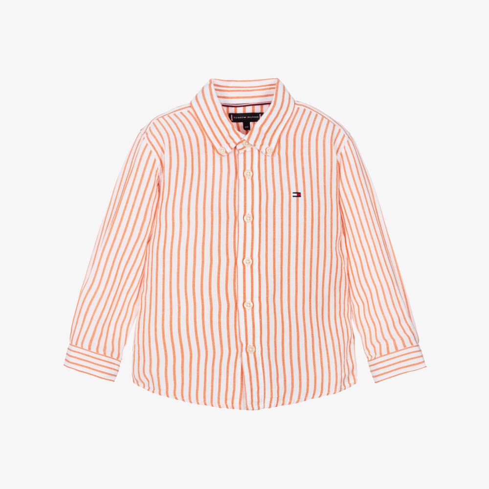 Tommy Hilfiger-Boys White & Orange Striped Long Sleeve Shirt | Childrensalon