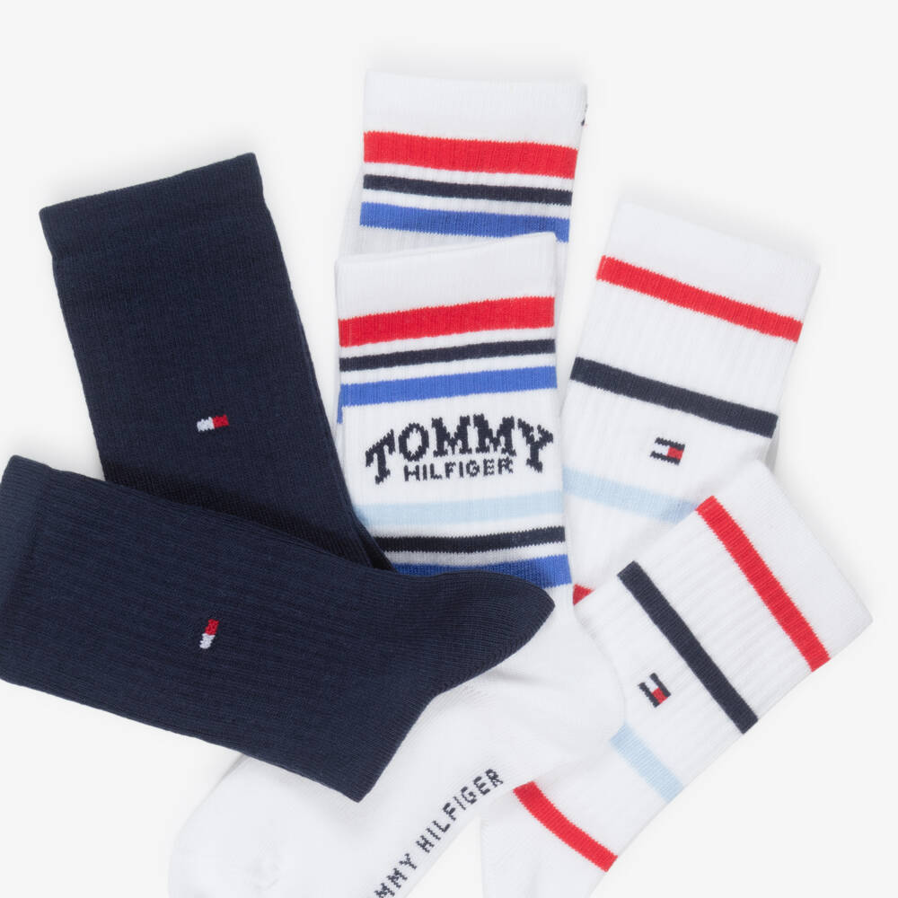 Tommy Hilfiger-Boys White Striped & Navy Blue Ankle Socks (3 Pack) | Childrensalon