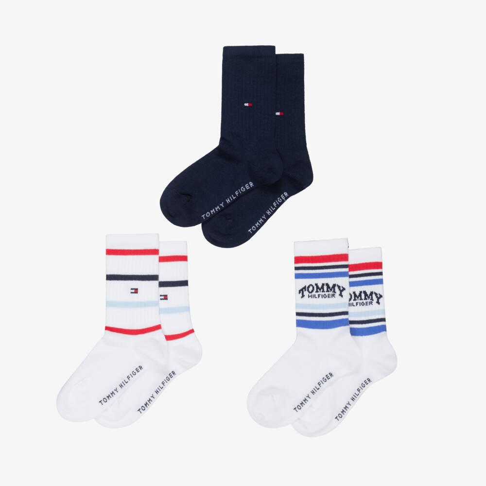 Tommy Hilfiger-Boys White Striped & Navy Blue Ankle Socks (3 Pack) | Childrensalon