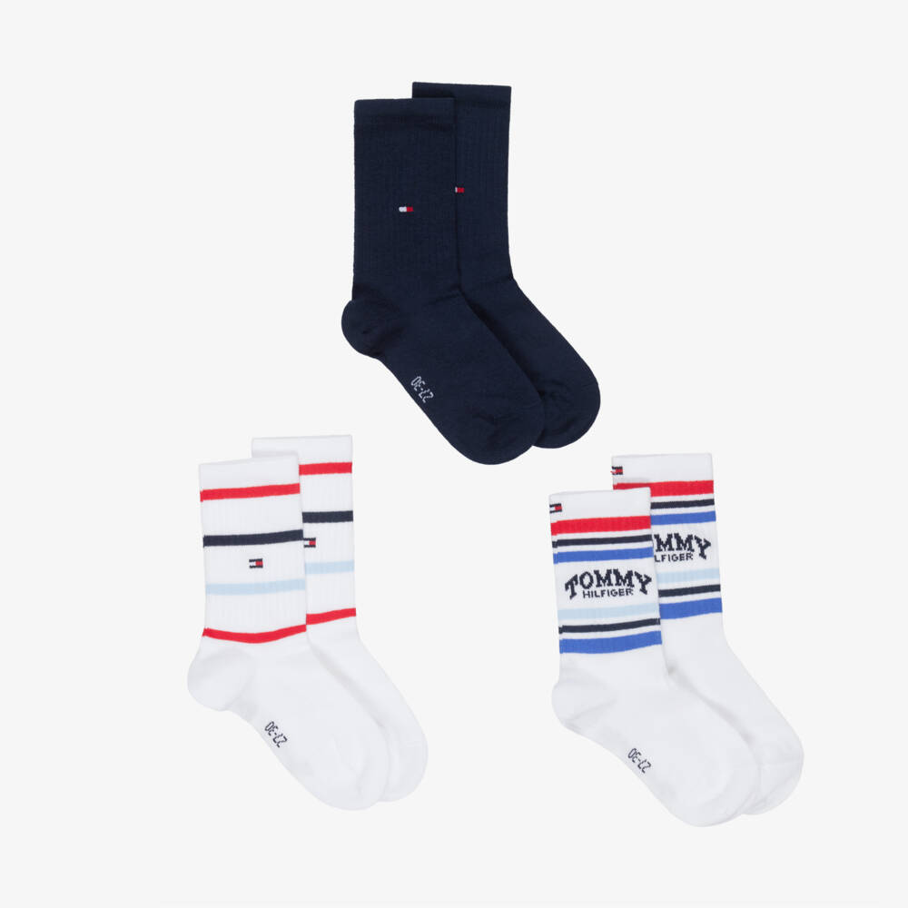 Tommy Hilfiger-Boys White Striped & Navy Blue Ankle Socks (3 Pack) | Childrensalon