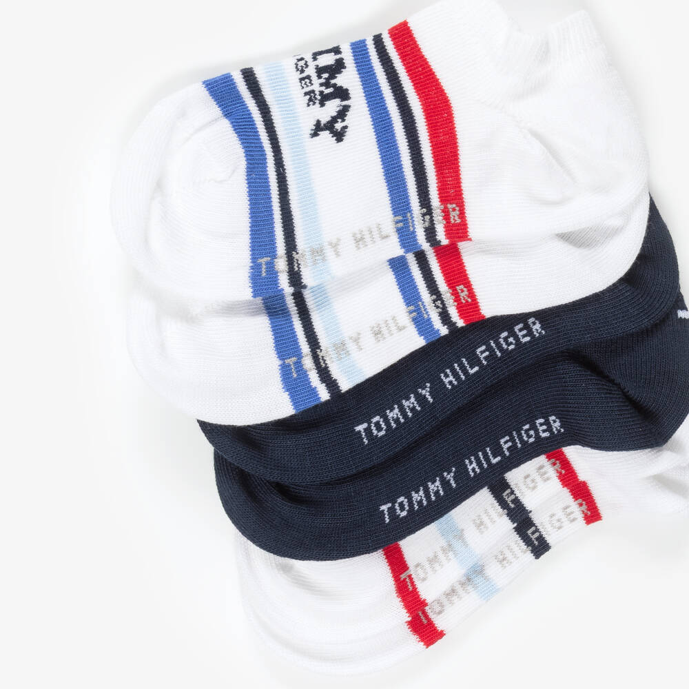 Tommy Hilfiger-Boys White Striped & Navy Blue Trainer Socks (3 Pack) | Childrensalon