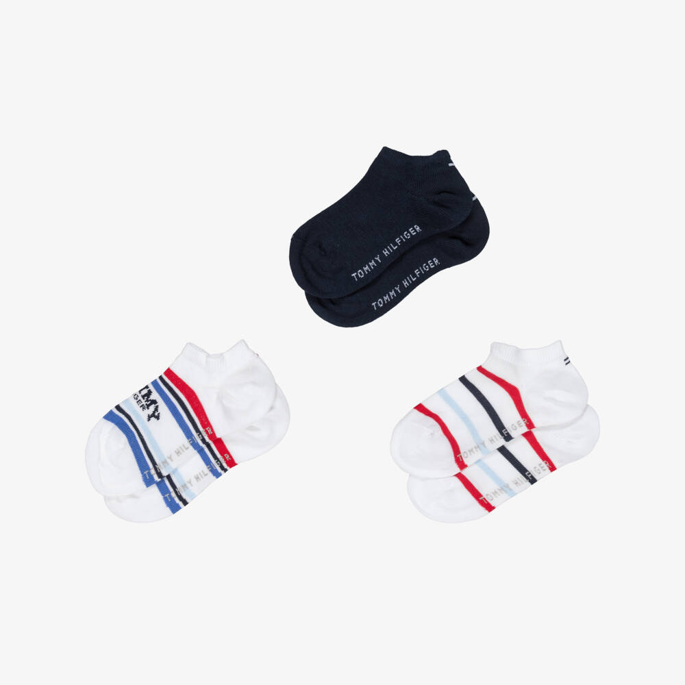 Tommy Hilfiger-Boys White Striped & Navy Blue Trainer Socks (3 Pack) | Childrensalon