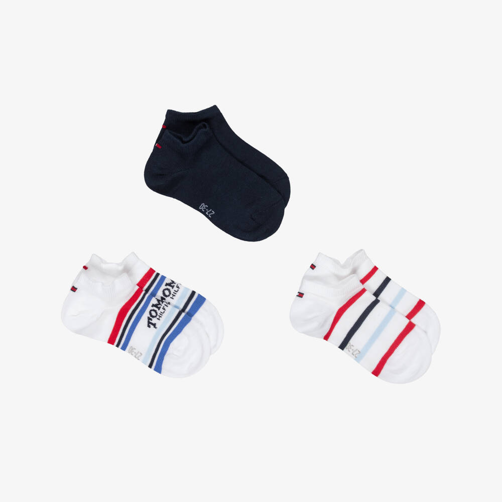 Tommy Hilfiger-Boys White Striped & Navy Blue Trainer Socks (3 Pack) | Childrensalon