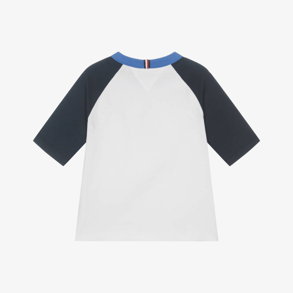 Tommy Hilfiger-Boys White T-Shirt with Navy Blue Sleeves | Childrensalon