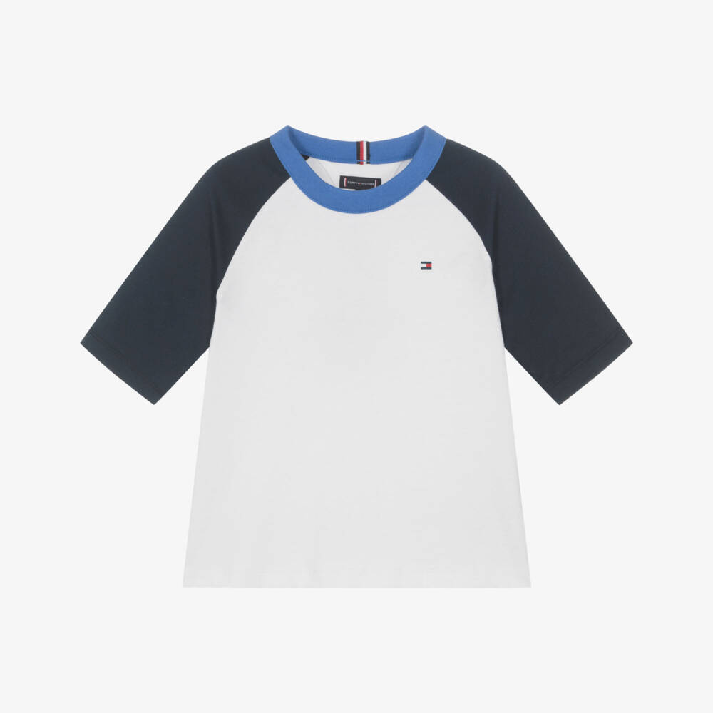 Tommy Hilfiger-Boys White T-Shirt with Navy Blue Sleeves | Childrensalon