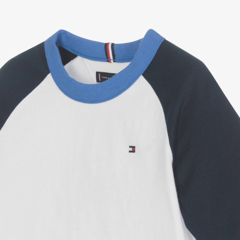Tommy Hilfiger-Boys White T-Shirt with Navy Blue Sleeves | Childrensalon