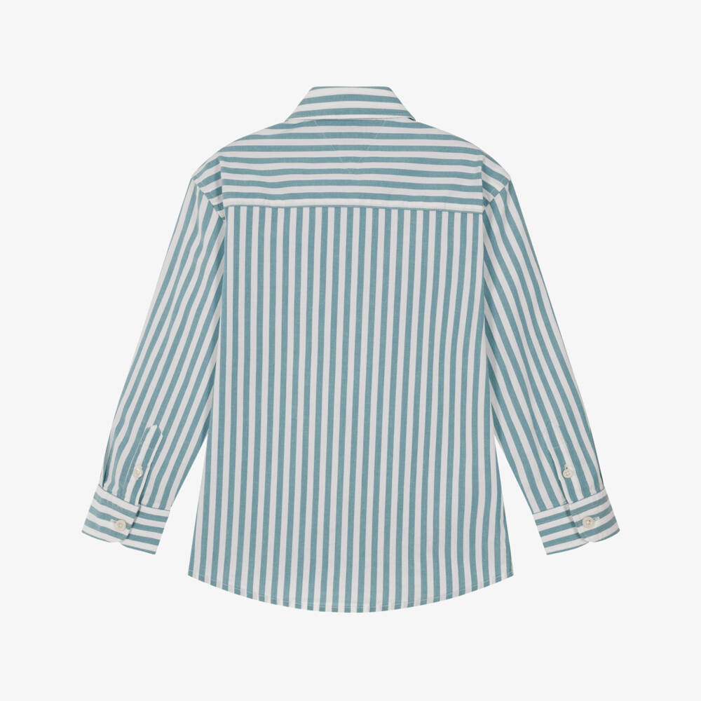 Tommy Hilfiger-Boys White & Teal Stripe Poplin Shirt | Childrensalon