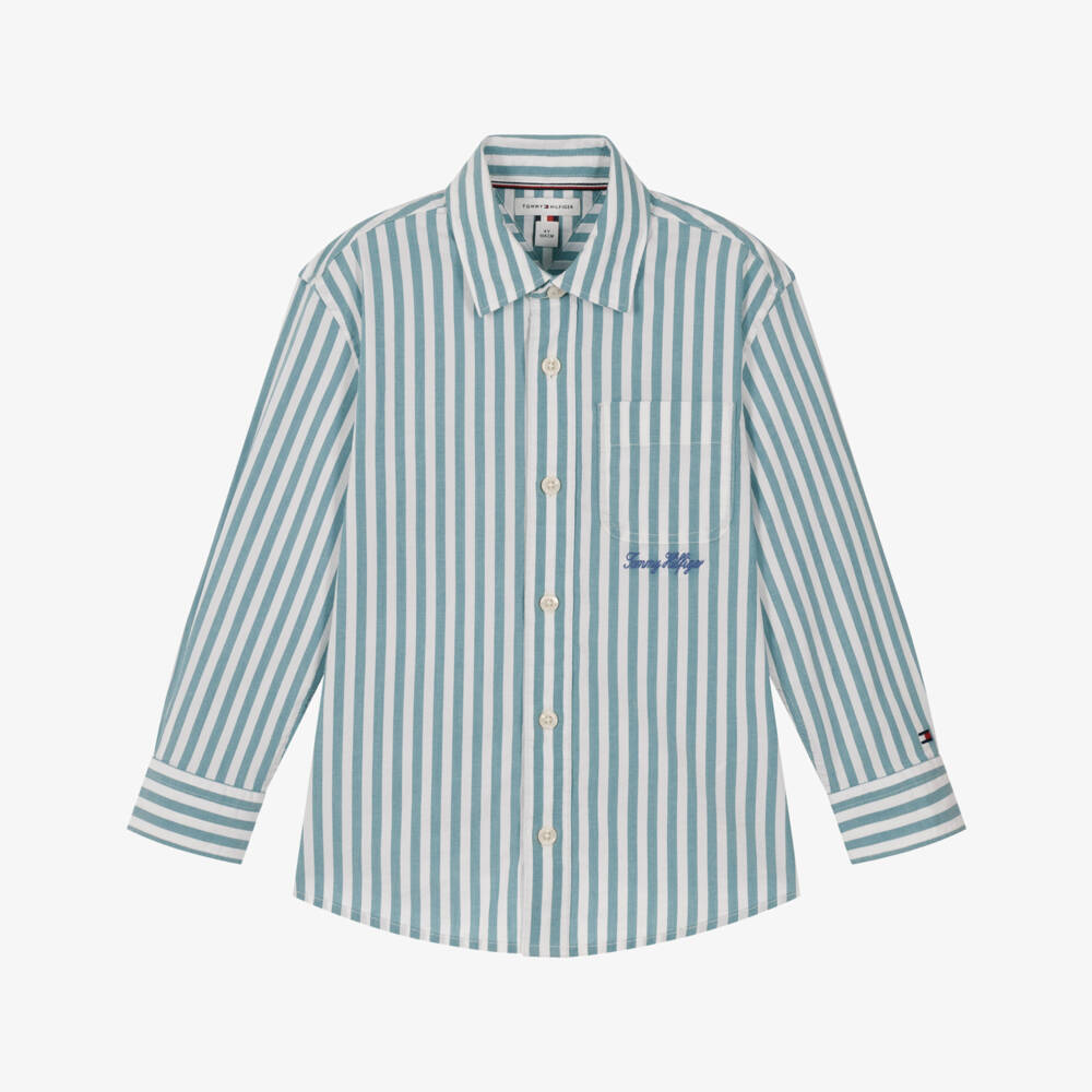 Tommy Hilfiger-Boys White & Teal Stripe Poplin Shirt | Childrensalon