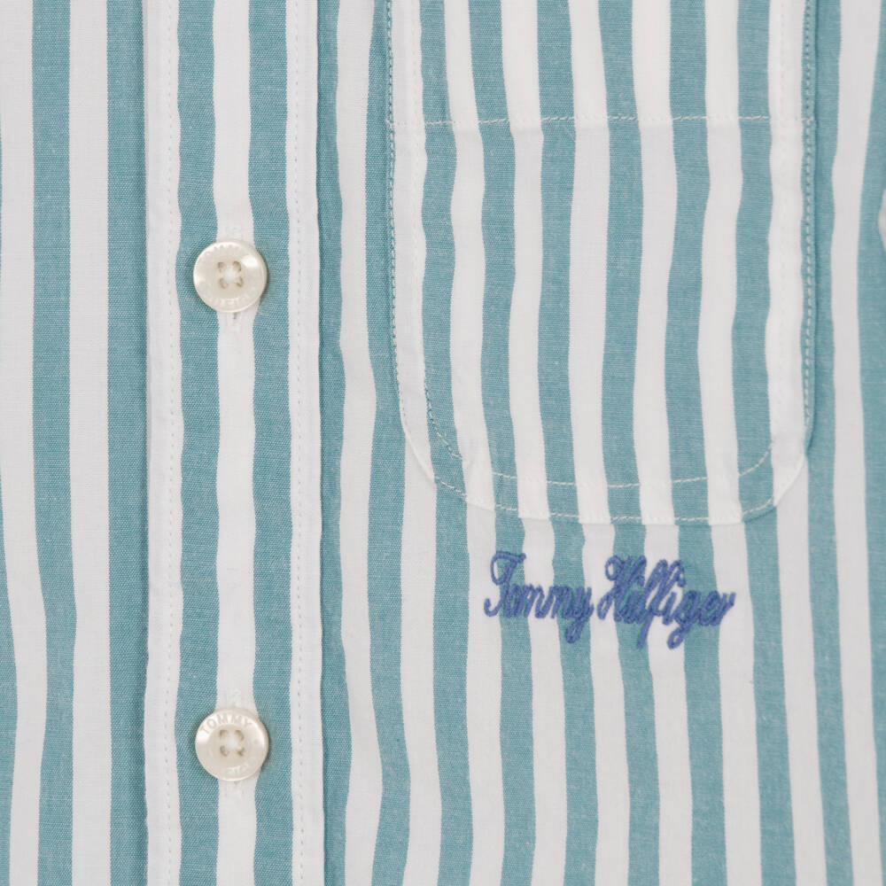 Tommy Hilfiger-Boys White & Teal Stripe Poplin Shirt | Childrensalon