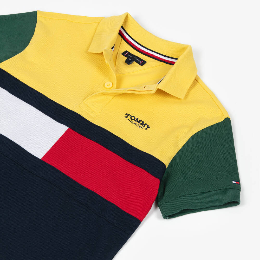 Tommy Hilfiger-Boys Yellow & Navy Blue Cotton Colour Block Polo Shirt | Childrensalon