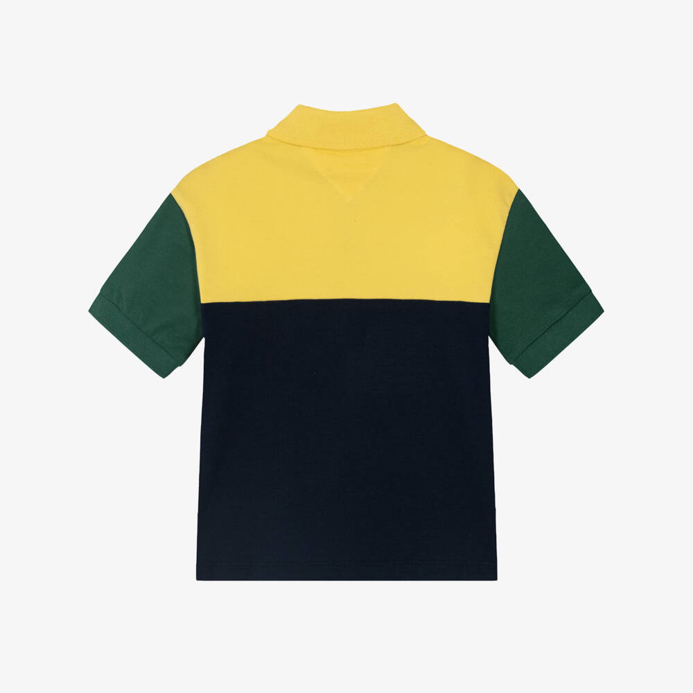 Tommy Hilfiger-Boys Yellow & Navy Blue Cotton Colour Block Polo Shirt | Childrensalon