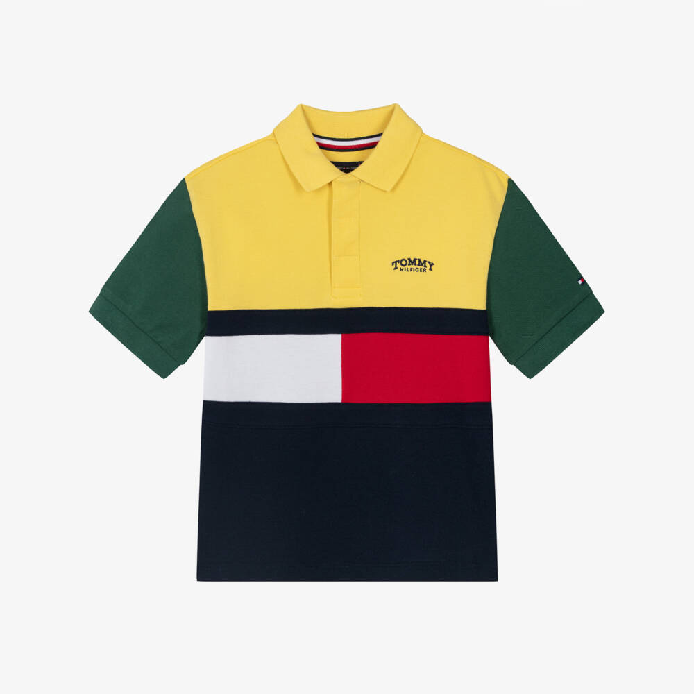 Tommy Hilfiger-Boys Yellow & Navy Blue Cotton Colour Block Polo Shirt | Childrensalon