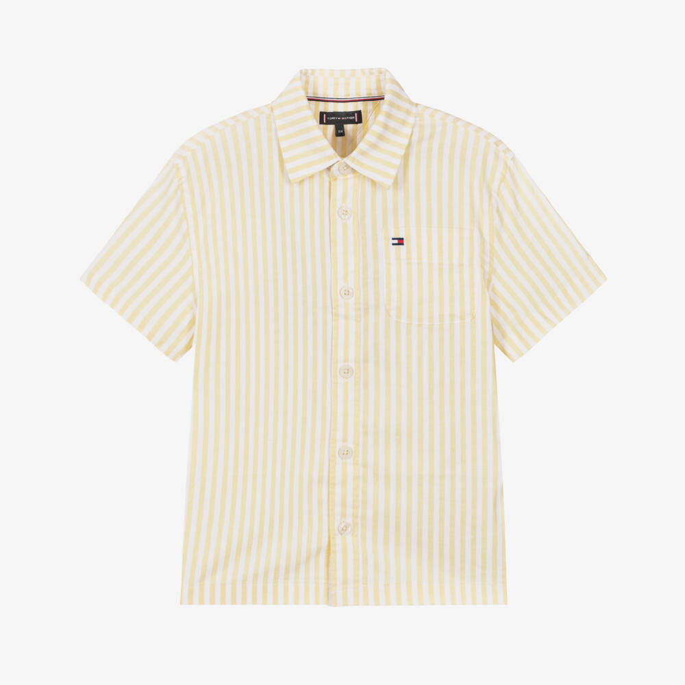 Tommy Hilfiger-Boys Yellow Stripe Cotton Shirt with Flag Logo | Childrensalon