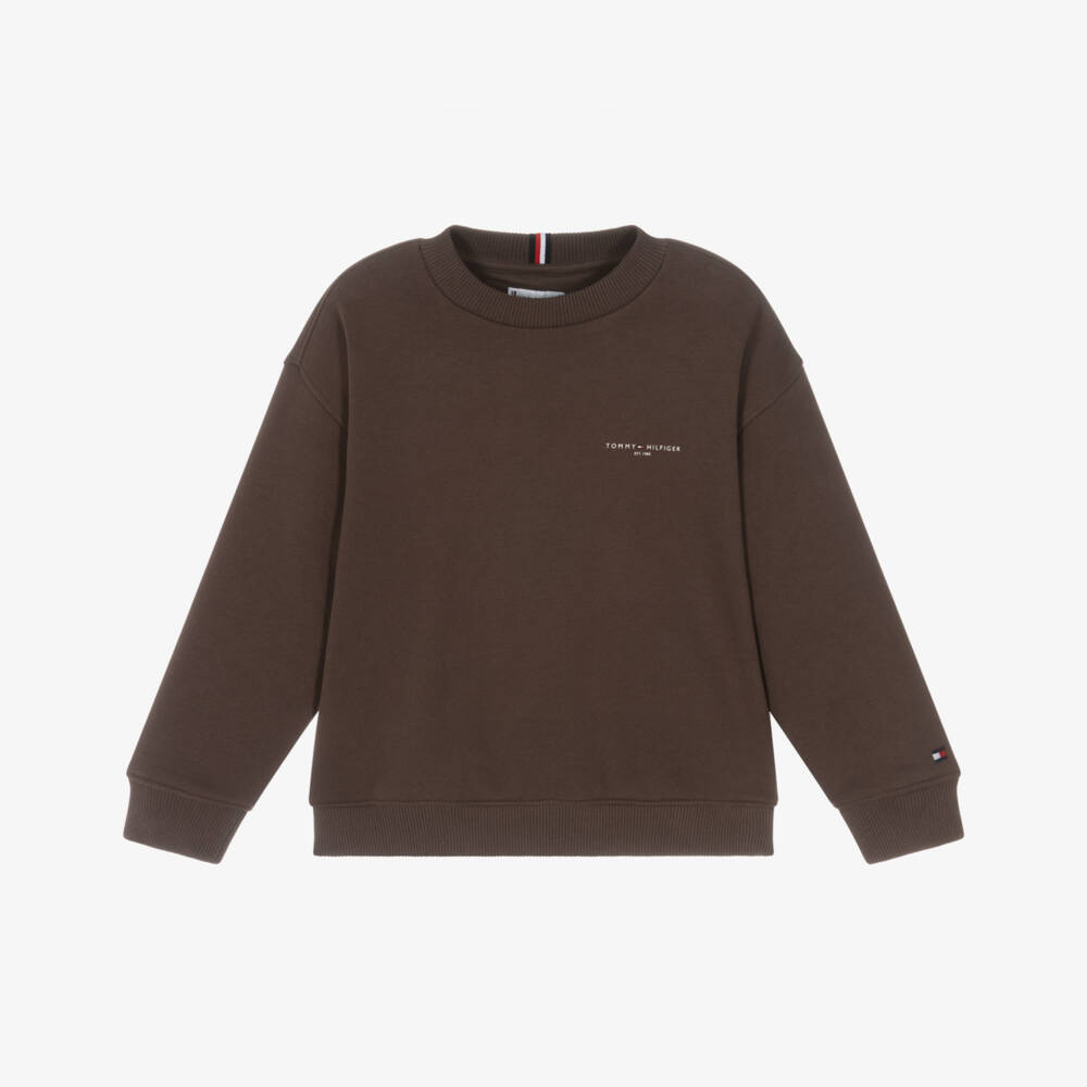 Tommy Hilfiger-Brown Cotton Sweatshirt with Mini Logo  | Childrensalon