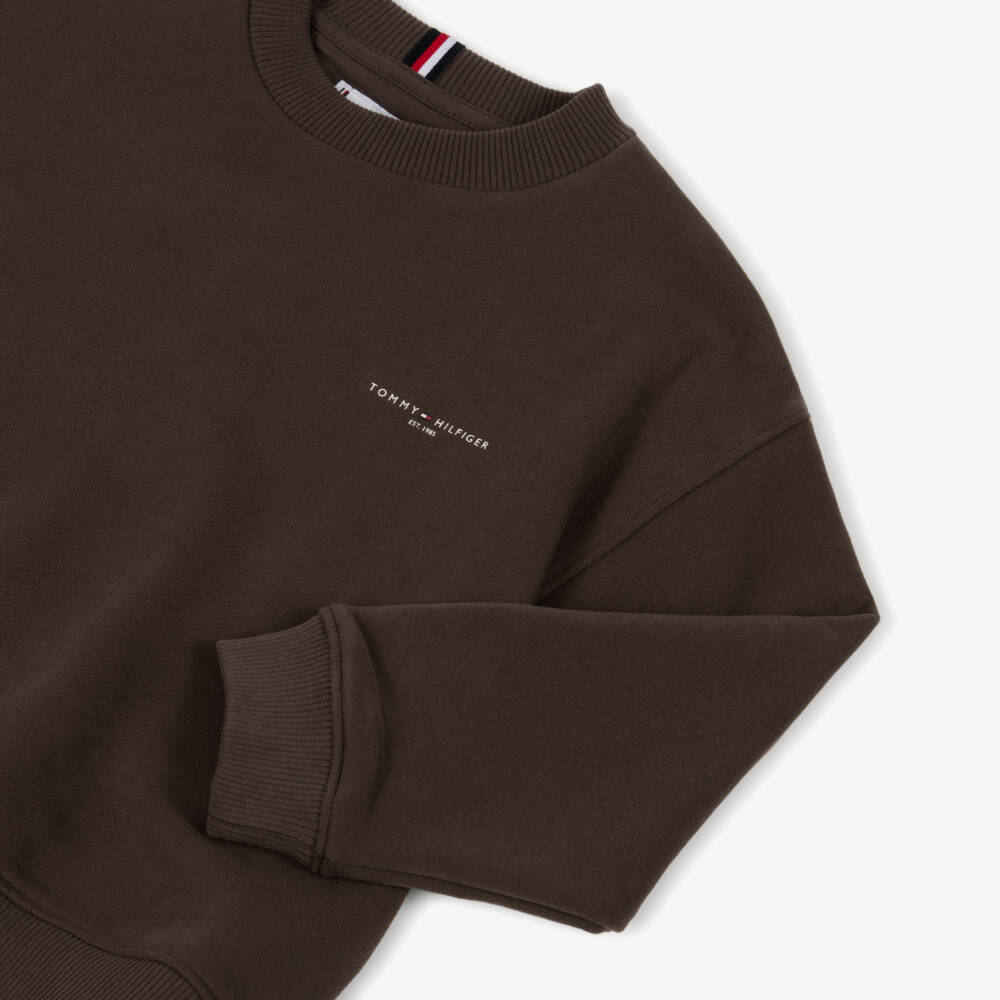 Tommy Hilfiger-Brown Cotton Sweatshirt with Mini Logo  | Childrensalon