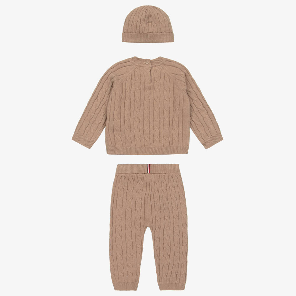Tommy Hilfiger-Dark Beige Knitted Baby Trouser Set | Childrensalon
