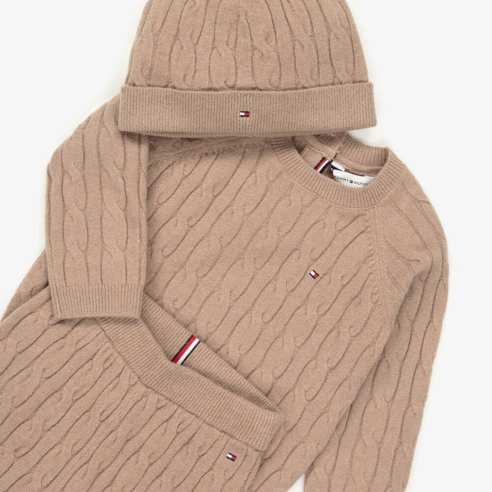 Tommy Hilfiger-Dark Beige Knitted Baby Trouser Set | Childrensalon