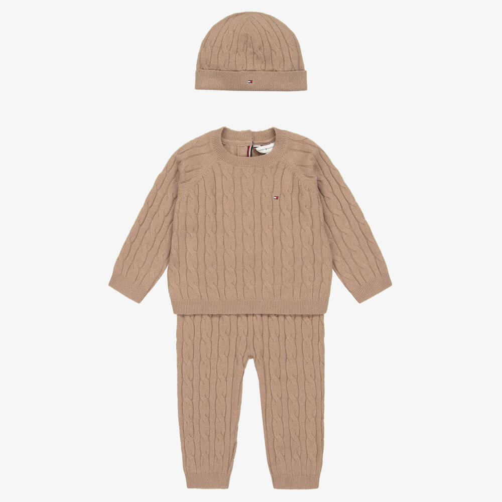 Tommy Hilfiger-Dark Beige Knitted Baby Trouser Set | Childrensalon