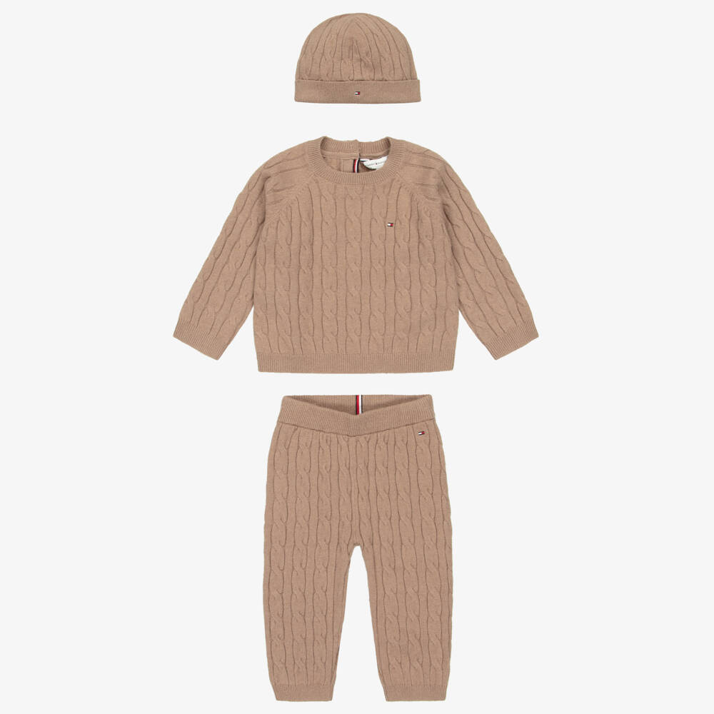 Tommy Hilfiger-Dark Beige Knitted Baby Trouser Set | Childrensalon