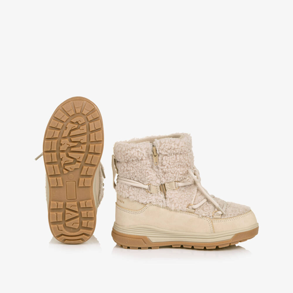 Tommy Hilfiger-Girls Beige Bouclé Waterproof Snow Boots | Childrensalon