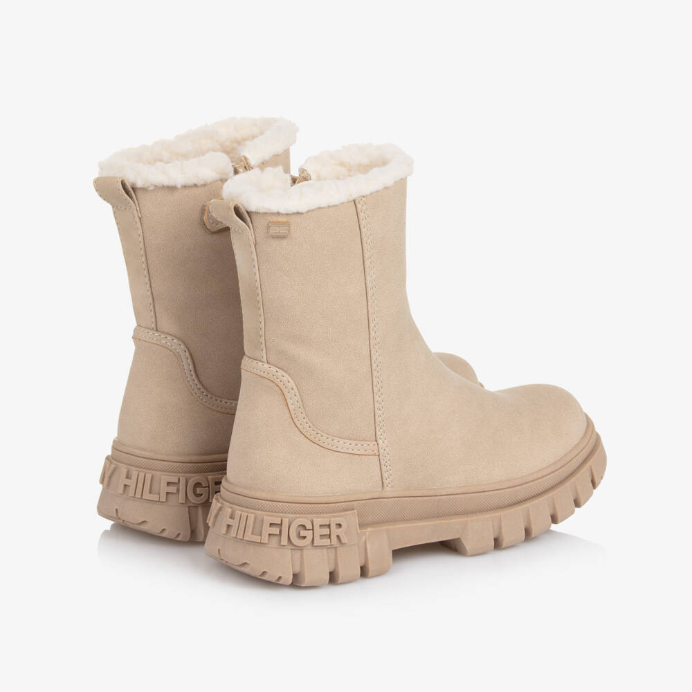 Tommy Hilfiger-Girls Beige Faux Leather Boots with Chunky Soles | Childrensalon