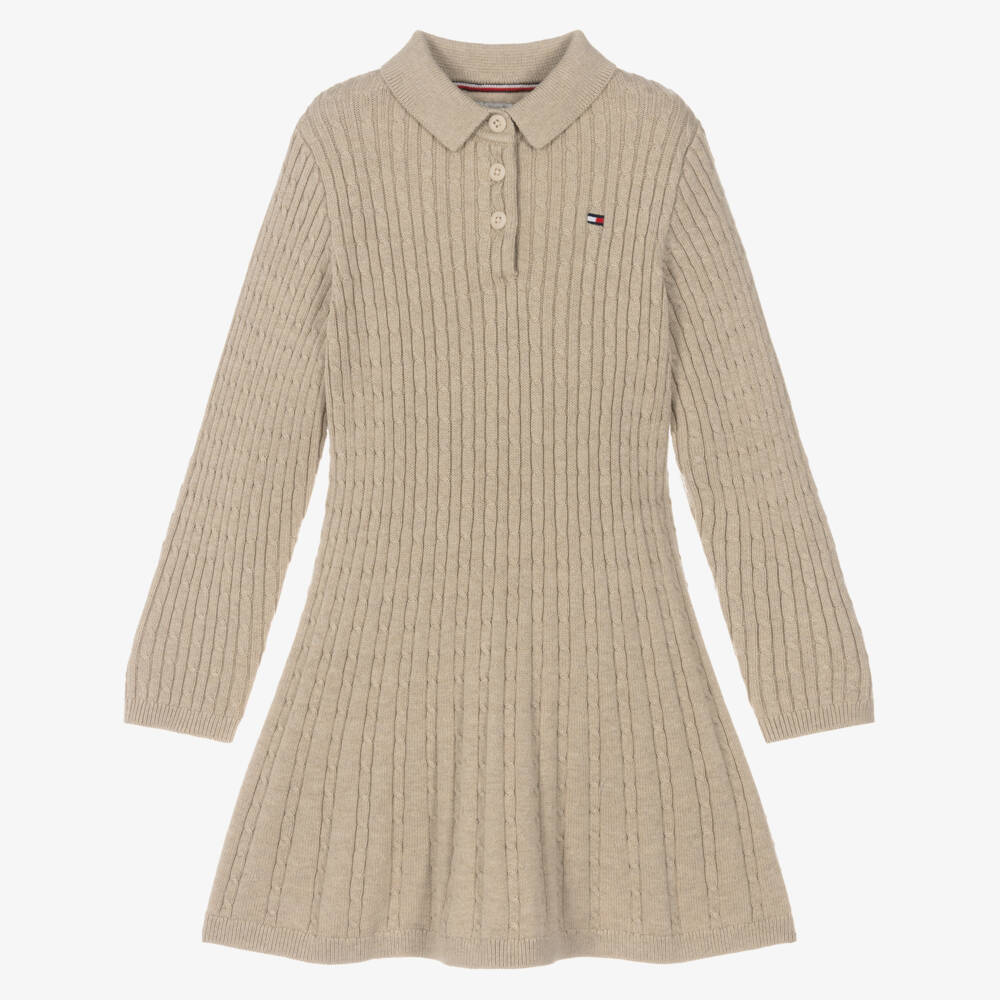 Tommy Hilfiger-Girls Beige Organic Cotton Cable Knit Polo Dress | Childrensalon
