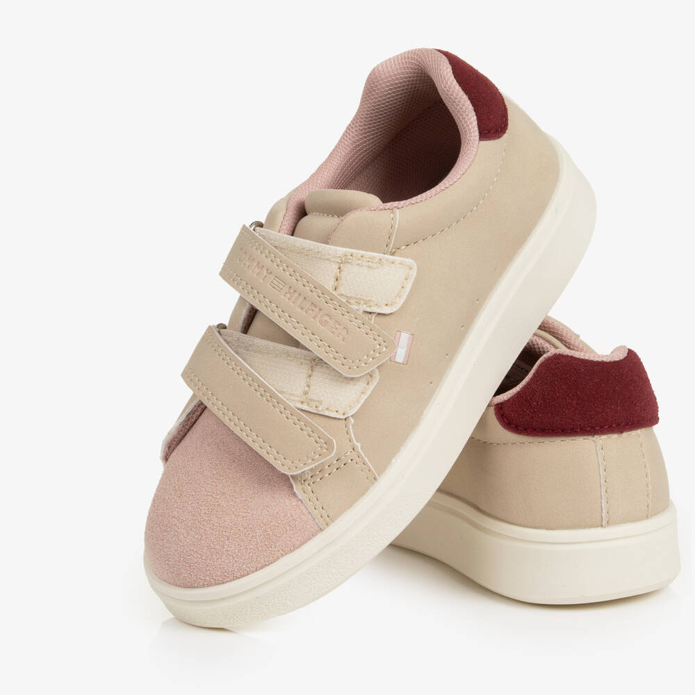 Tommy Hilfiger-Girls Beige & Pink Faux Leather Velcro Trainers | Childrensalon