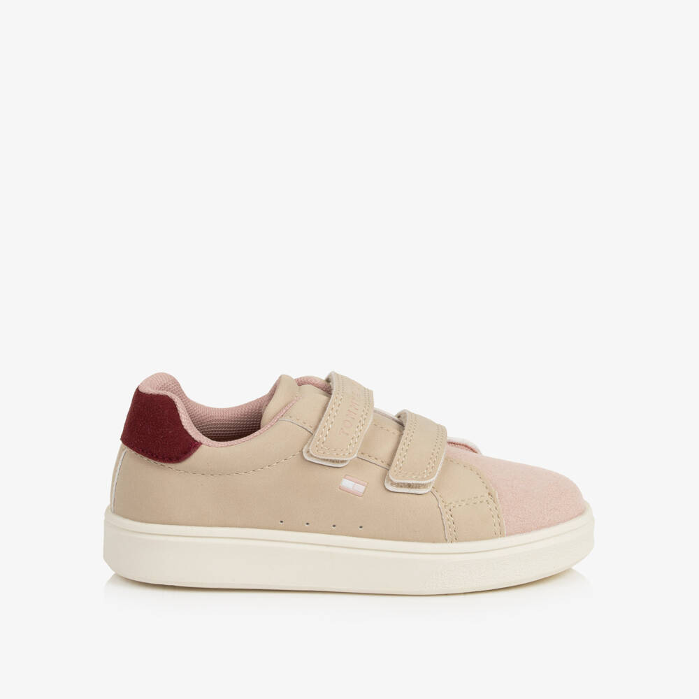 Tommy Hilfiger-Girls Beige & Pink Faux Leather Velcro Trainers | Childrensalon