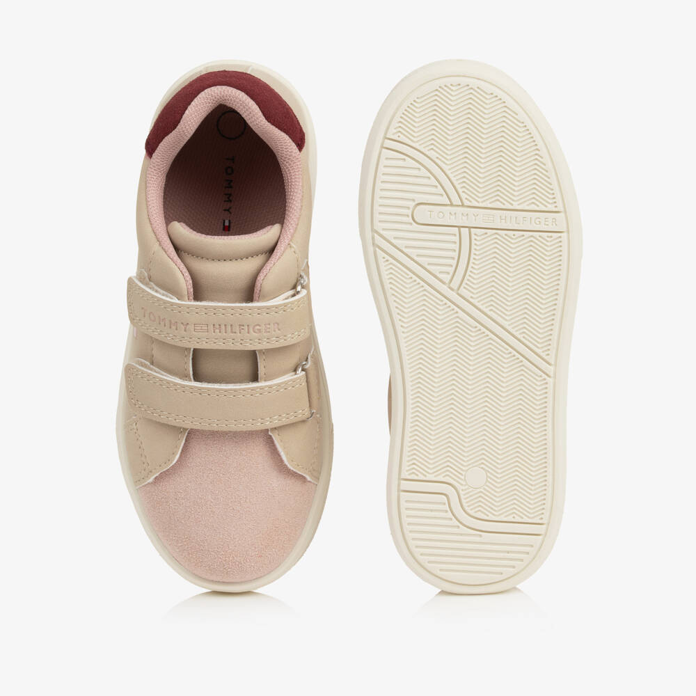 Tommy Hilfiger-Girls Beige & Pink Faux Leather Velcro Trainers | Childrensalon