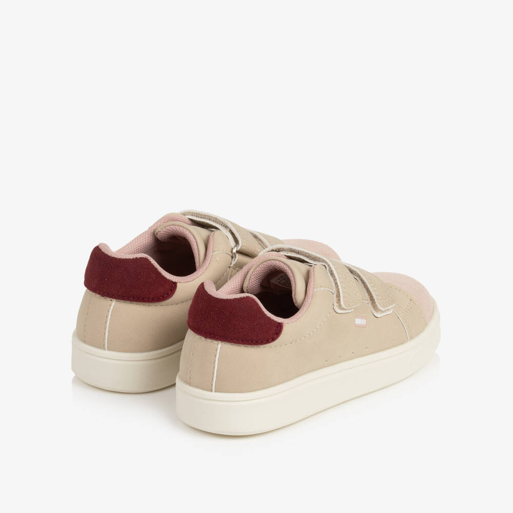 Tommy Hilfiger-Girls Beige & Pink Faux Leather Velcro Trainers | Childrensalon