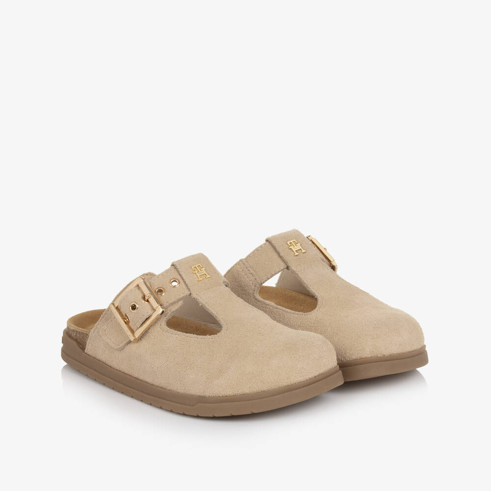 Tommy Hilfiger-Girls Beige Suede Buckle Clogs | Childrensalon