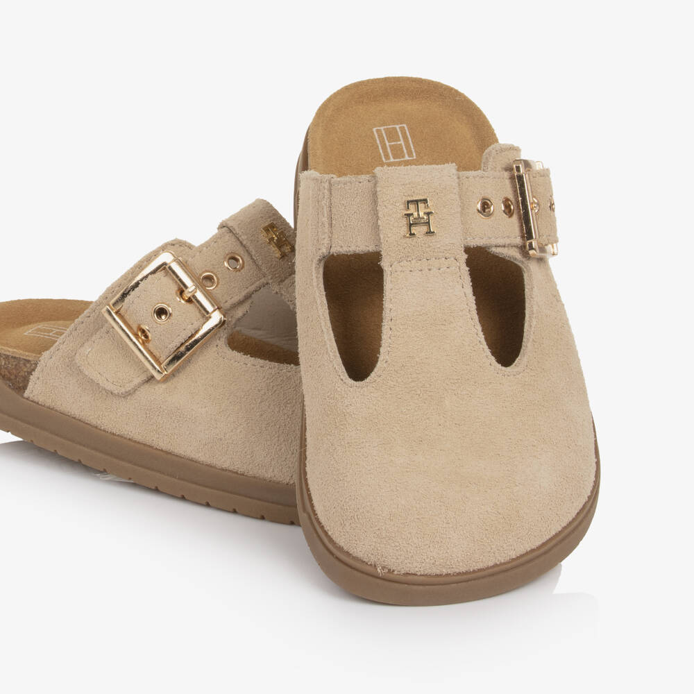 Tommy Hilfiger-Girls Beige Suede Buckle Clogs | Childrensalon