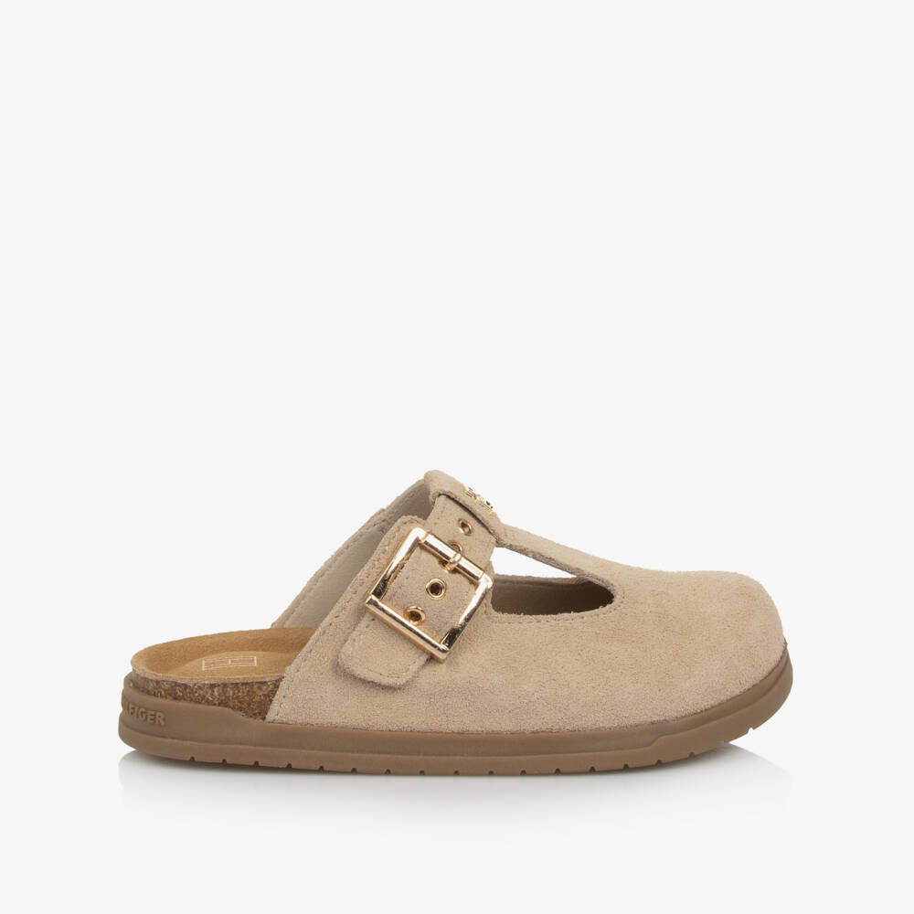 Tommy Hilfiger-Girls Beige Suede Buckle Clogs | Childrensalon