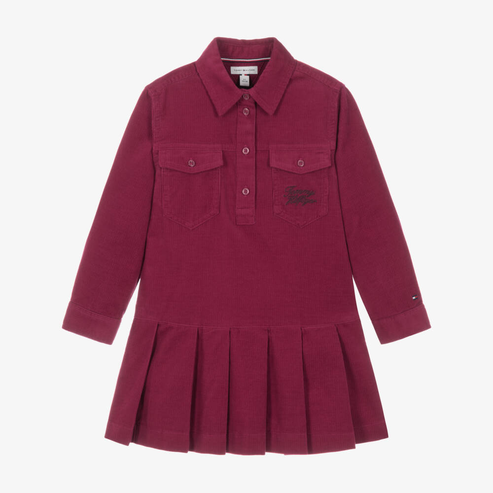 Tommy Hilfiger-Girls Berry Pink Needlecord Dress with Pleats | Childrensalon