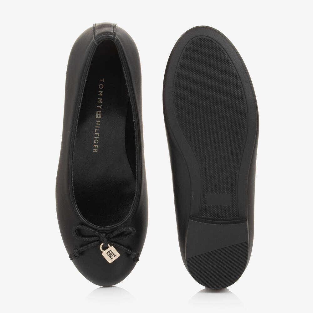Tommy Hilfiger-Girls Black Ballerina Pumps in Faux Leather | Childrensalon