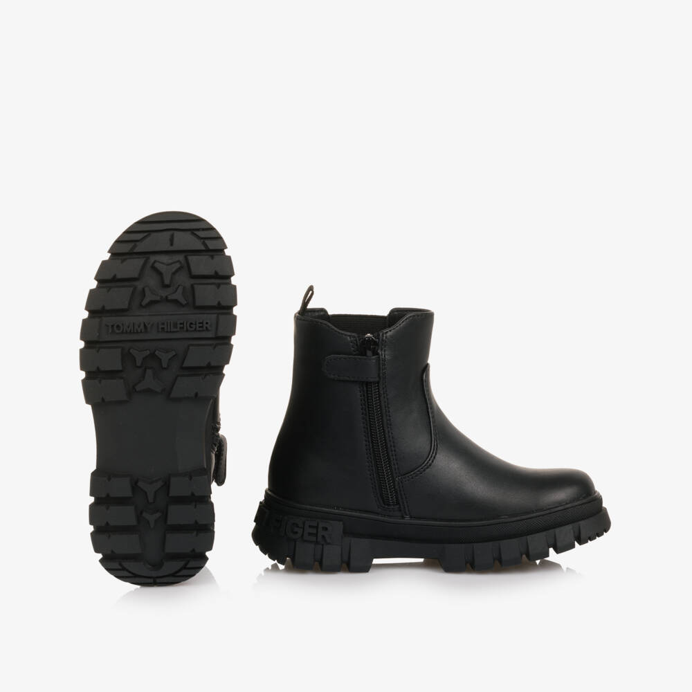 Tommy Hilfiger-Girls Black Faux Leather Combat Chelsea Boots | Childrensalon