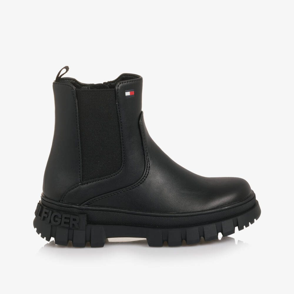 Tommy Hilfiger-Girls Black Faux Leather Combat Chelsea Boots | Childrensalon