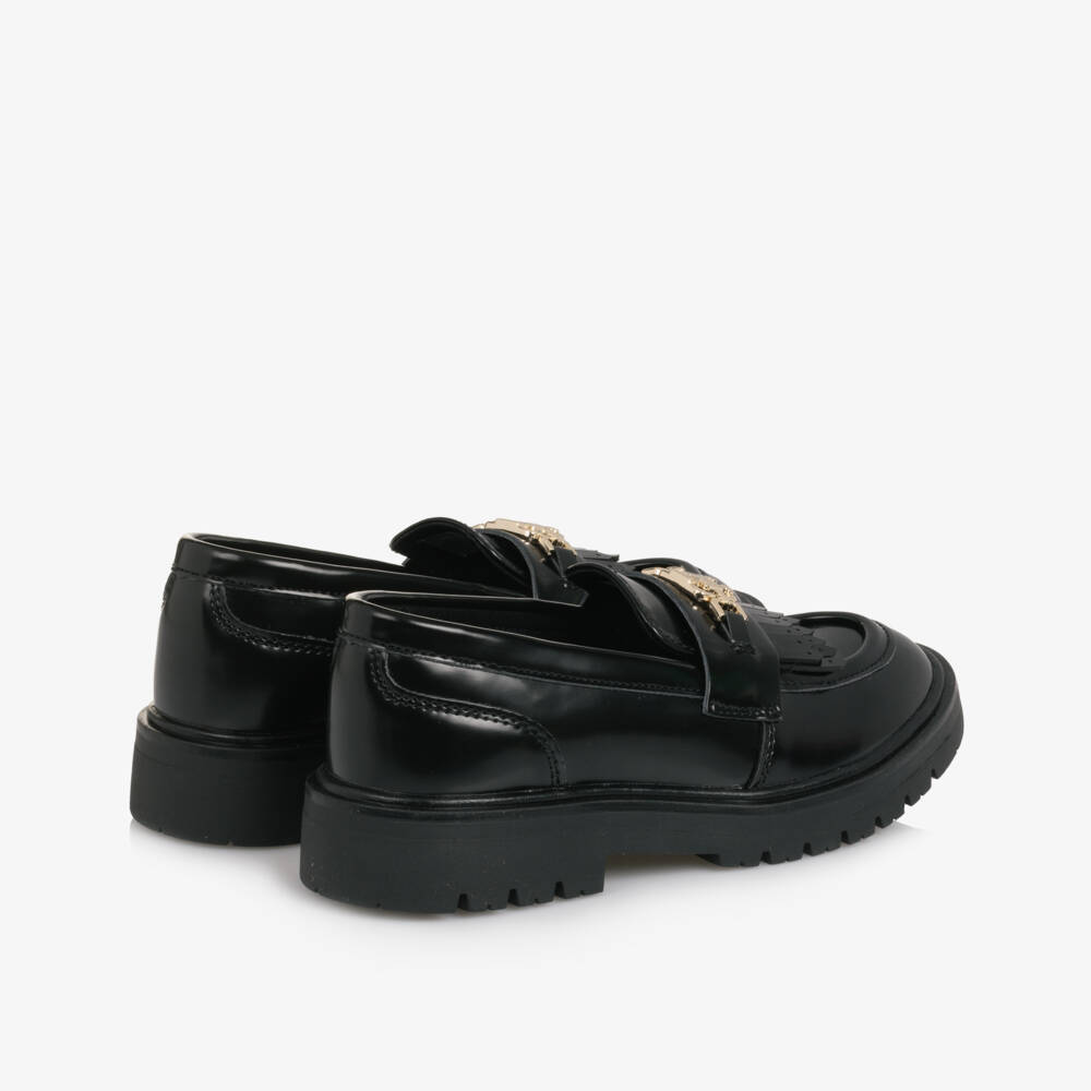 Tommy Hilfiger-Girls Black Faux Leather Loafers with Monogram Logo | Childrensalon