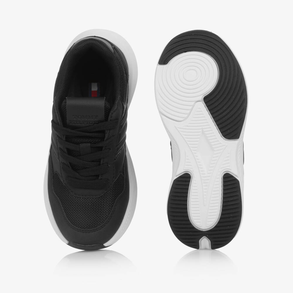 Tommy Hilfiger-Girls Black Faux Leather & Mesh Lace-up Trainers | Childrensalon