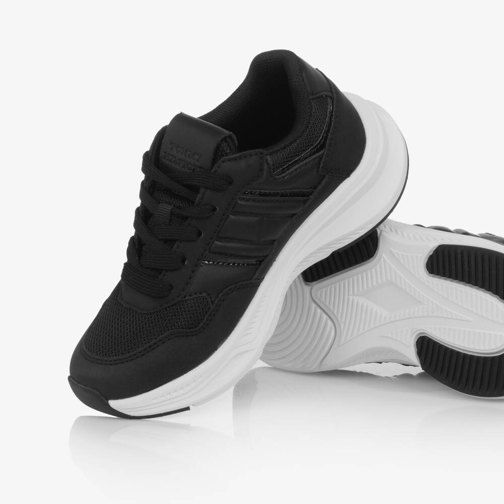 Tommy Hilfiger-Girls Black Faux Leather & Mesh Lace-up Trainers | Childrensalon