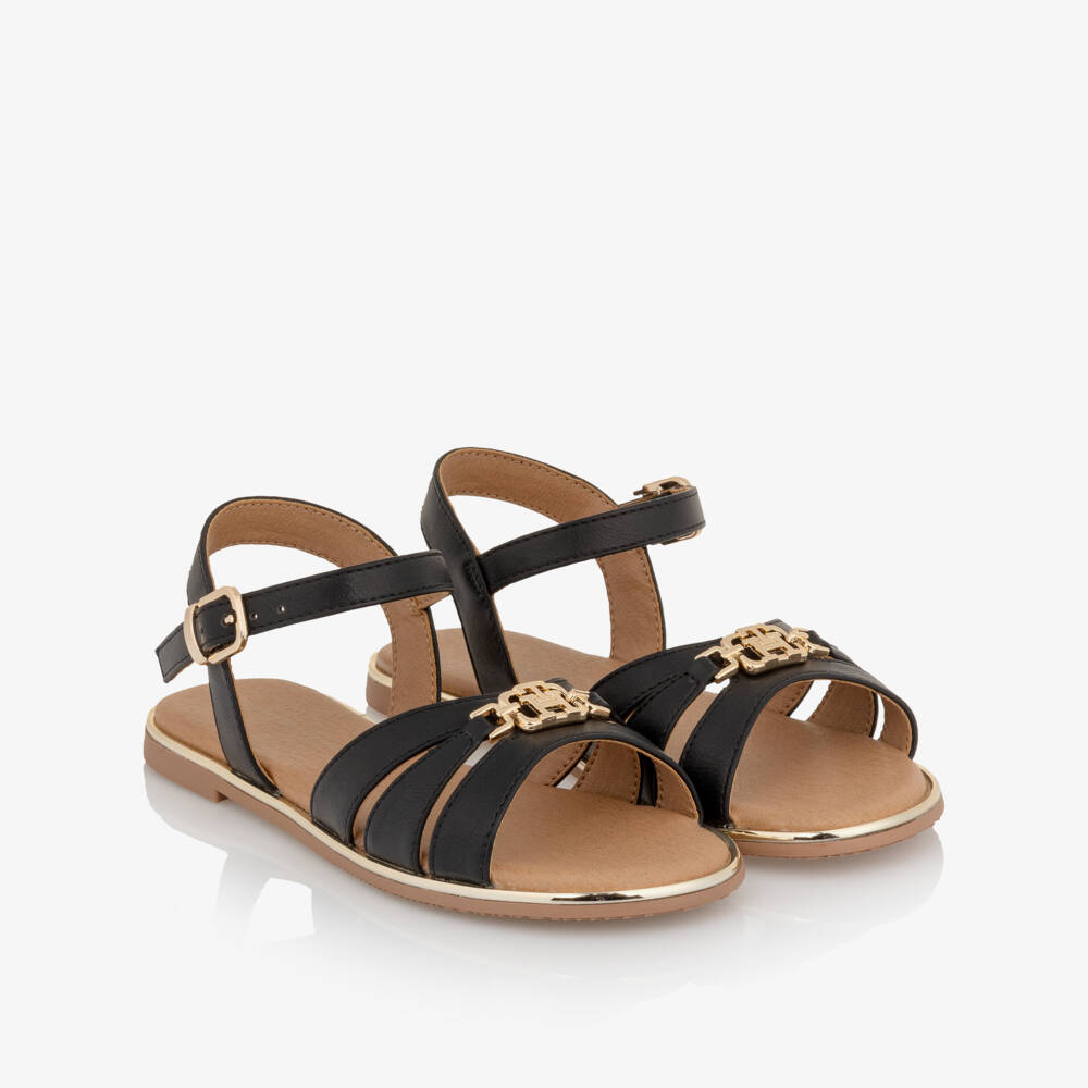 Tommy Hilfiger-Girls Black Faux Leather Sandals with Gold Trim | Childrensalon