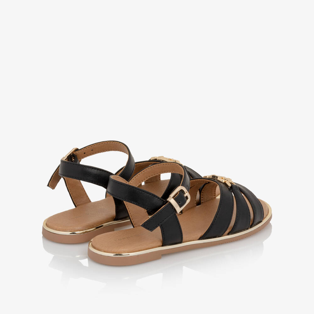 Tommy Hilfiger-Girls Black Faux Leather Sandals with Gold Trim | Childrensalon