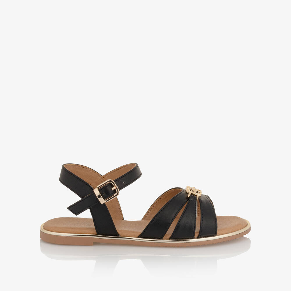 Tommy Hilfiger-Girls Black Faux Leather Sandals with Gold Trim | Childrensalon