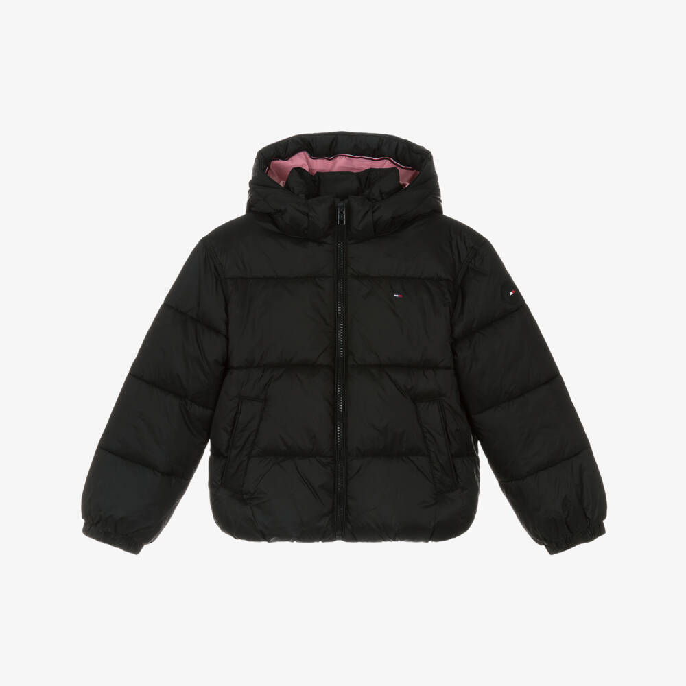 Tommy Hilfiger-Girls Black Hooded Puffer Jacket with Flag Logo | Childrensalon