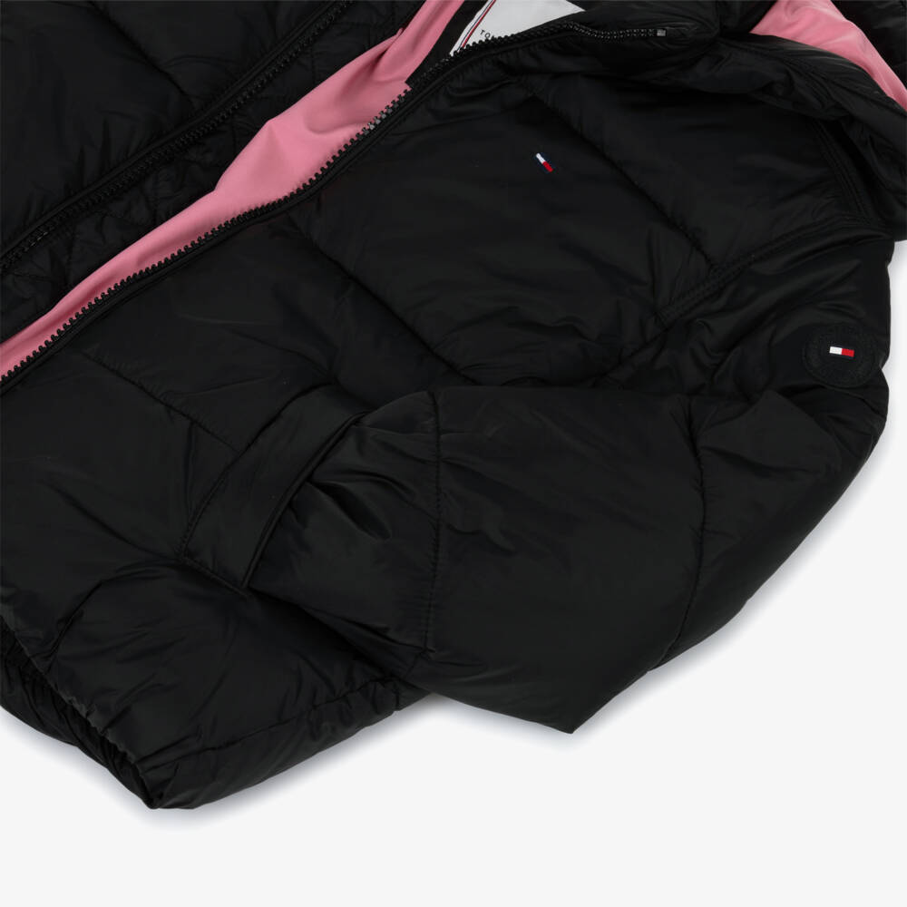 Tommy Hilfiger-Girls Black Hooded Puffer Jacket with Flag Logo | Childrensalon