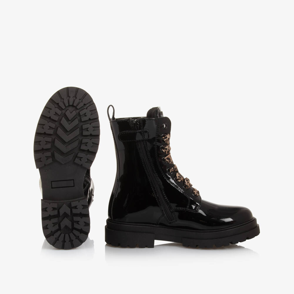 Tommy Hilfiger-Girls Black Leopard Laced Boots | Childrensalon