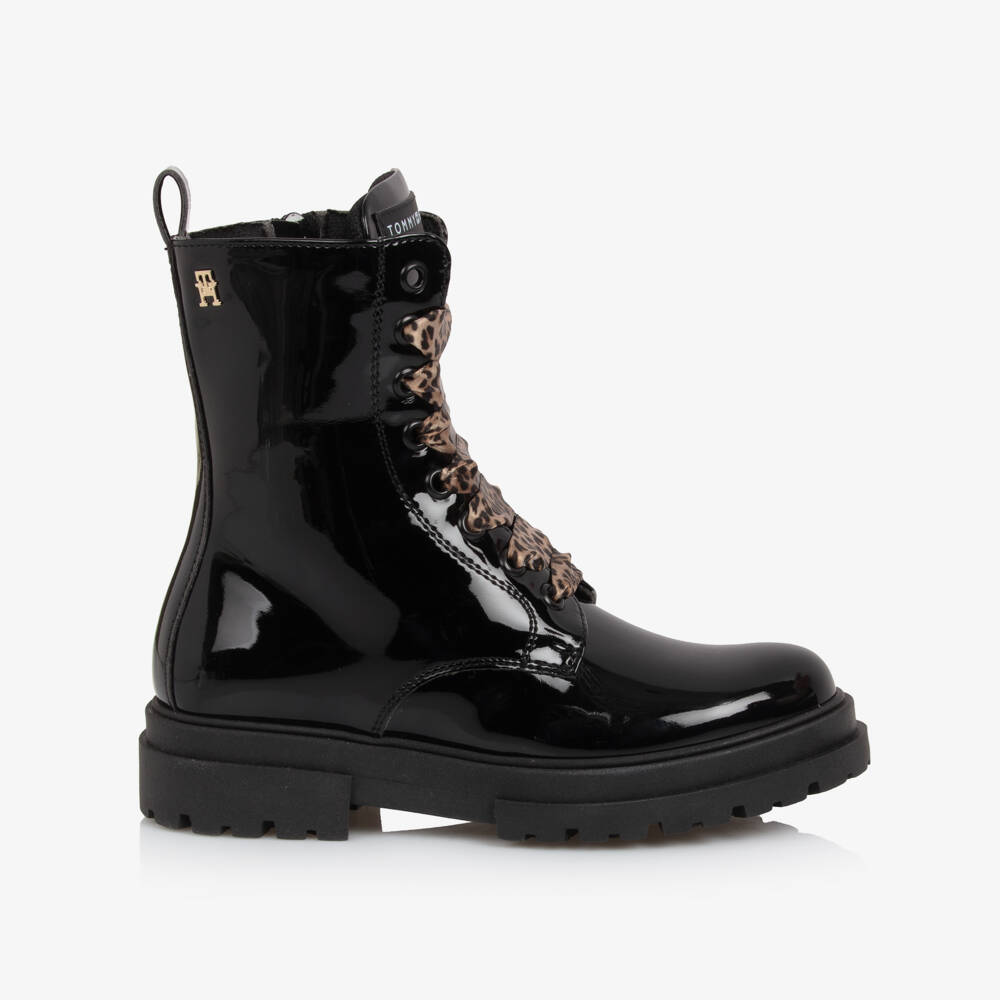 Tommy Hilfiger-Girls Black Leopard Laced Boots | Childrensalon